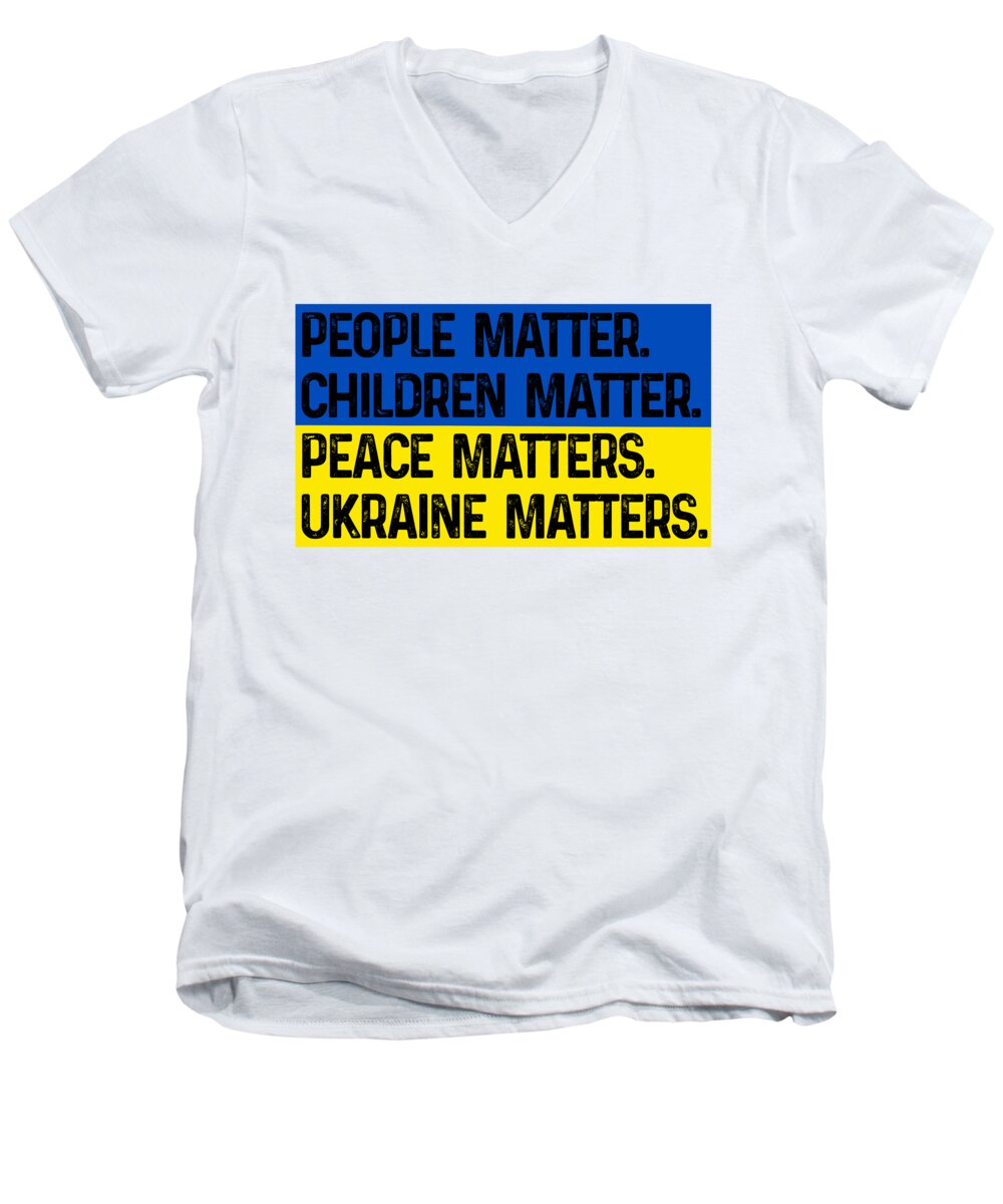Men's V-neck t-shirt, white, front 'Ukraine matters' slogan graphic