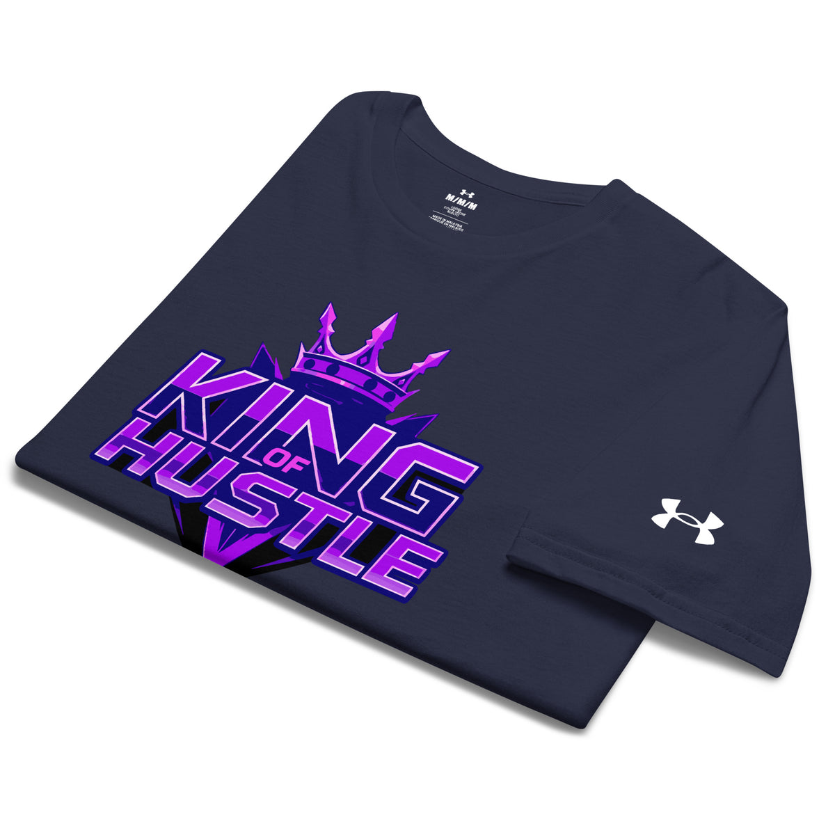 Navy athletic t-shirt with purple King of Hustle front graphic and Under Armour logo