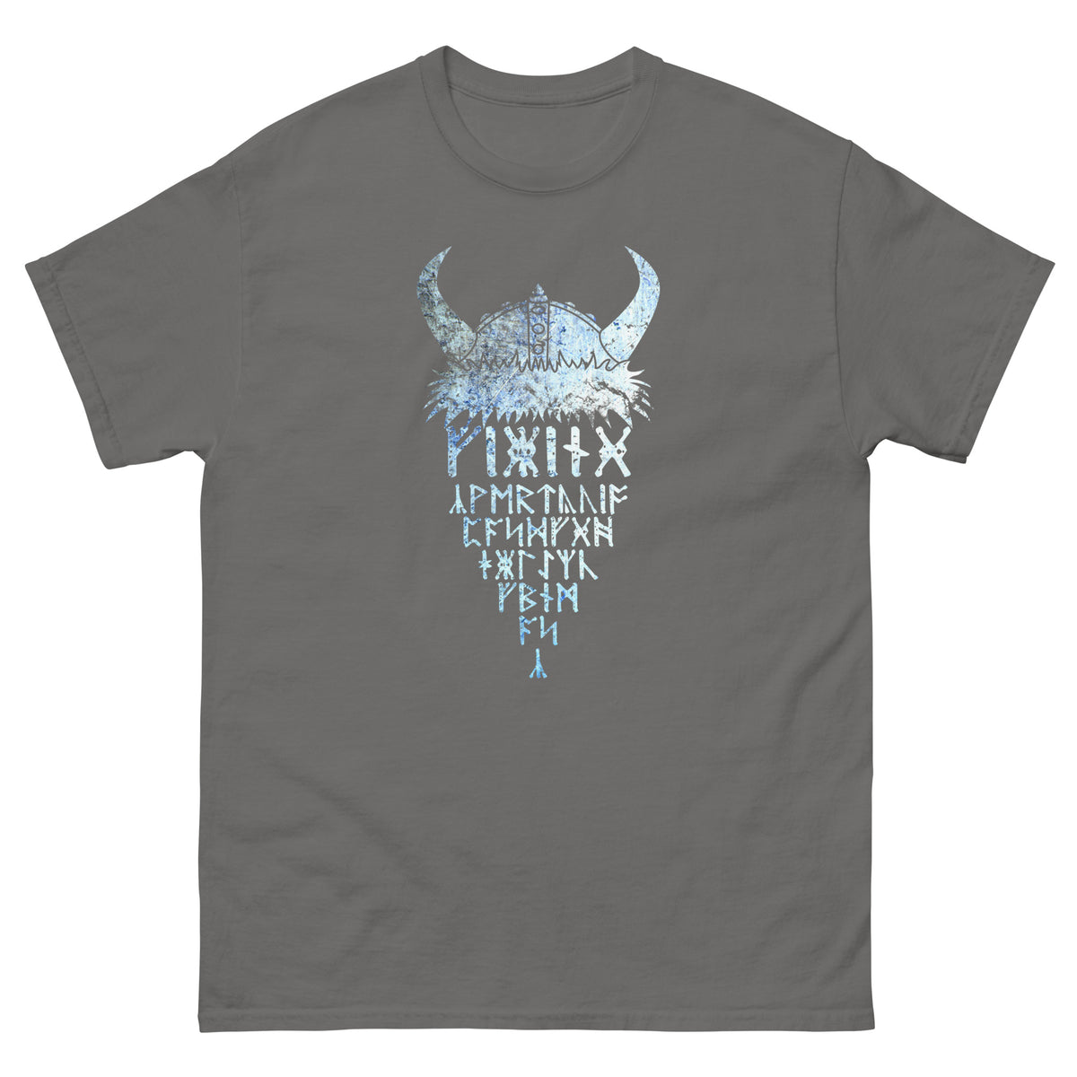 Charcoal gray crew-neck T-shirt with icy viking rune graphic on chest
