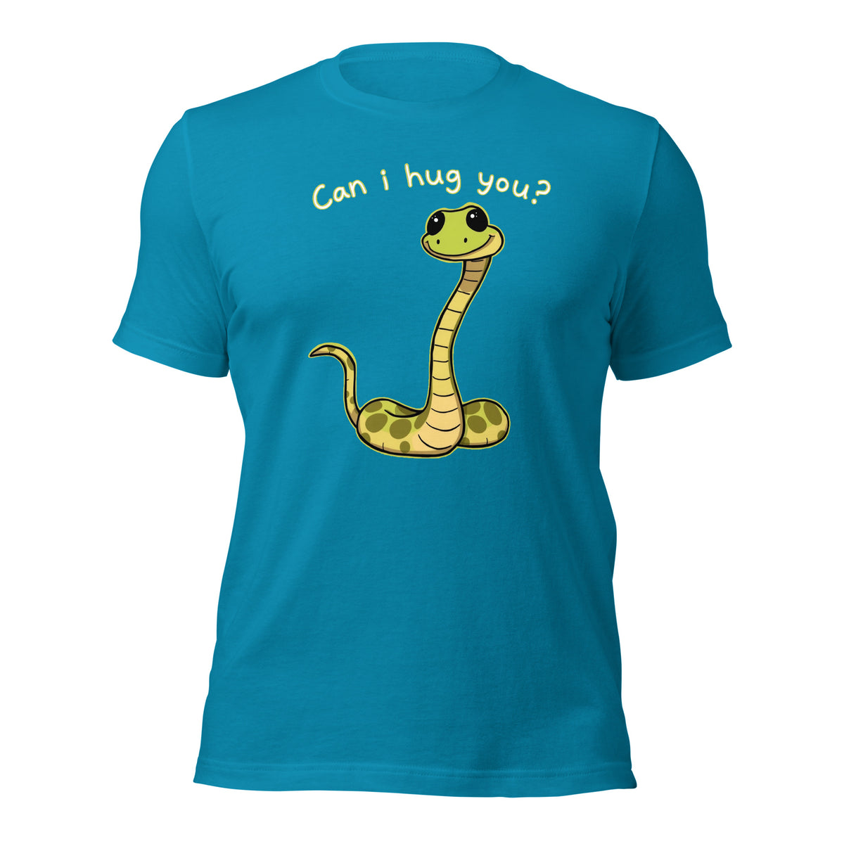 Aqua snake graphic T-shirt with “Can I hug you?” on back