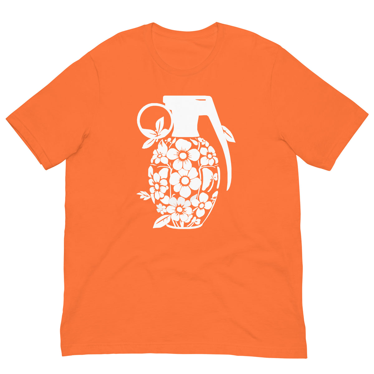 Orange graphic T-shirt with white floral grenade front print