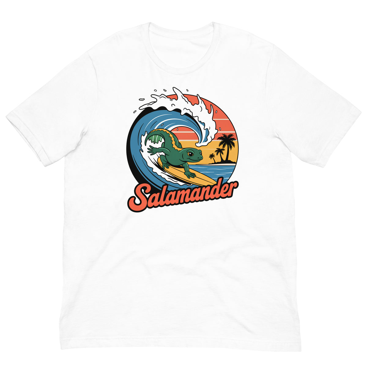 White short-sleeve T-shirt with circular salamander surfing graphic on the front