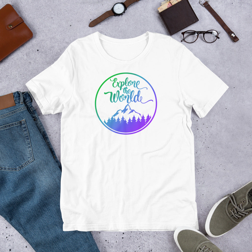 White Explore the World T-shirt with circular mountain graphic on center front