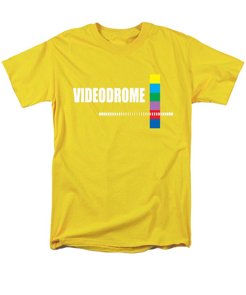 Men's yellow T-shirt with front Videodrome graphic and multicolor bar emblem