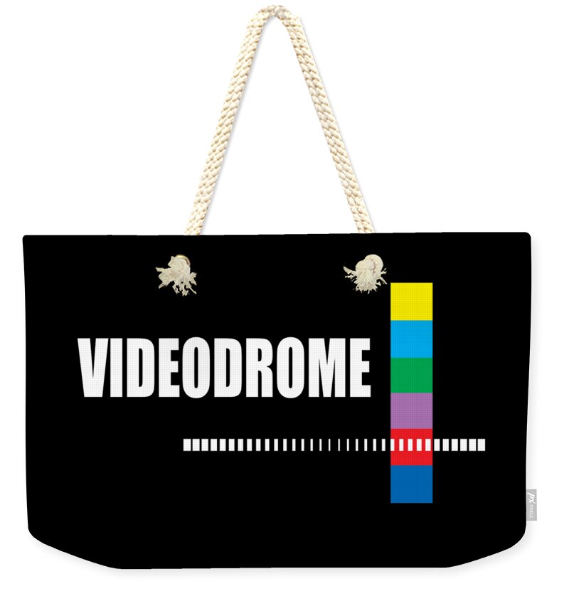 Weekender tote bag with Videodrome graphic, natural rope handles, black fabric