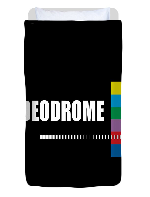 Black duvet cover with partial VIDEODROME text, pixel line, and multicolor vertical bars
