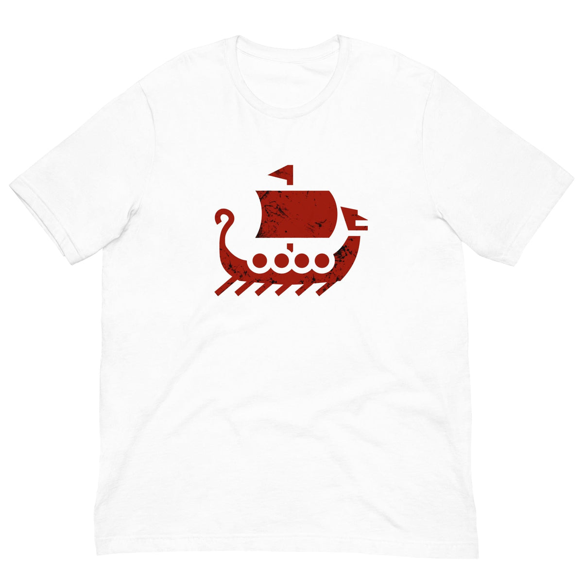 White crew-neck T-shirt with red ship graphic on front
