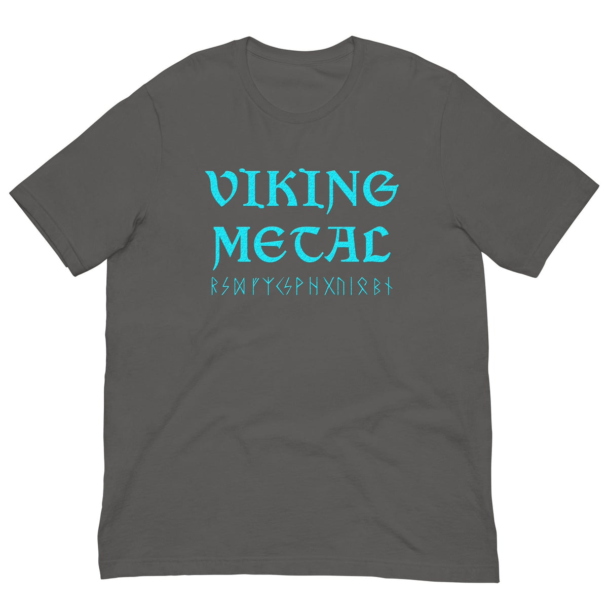 Dark gray crew-neck T-shirt with turquoise Viking-style metal graphic on front