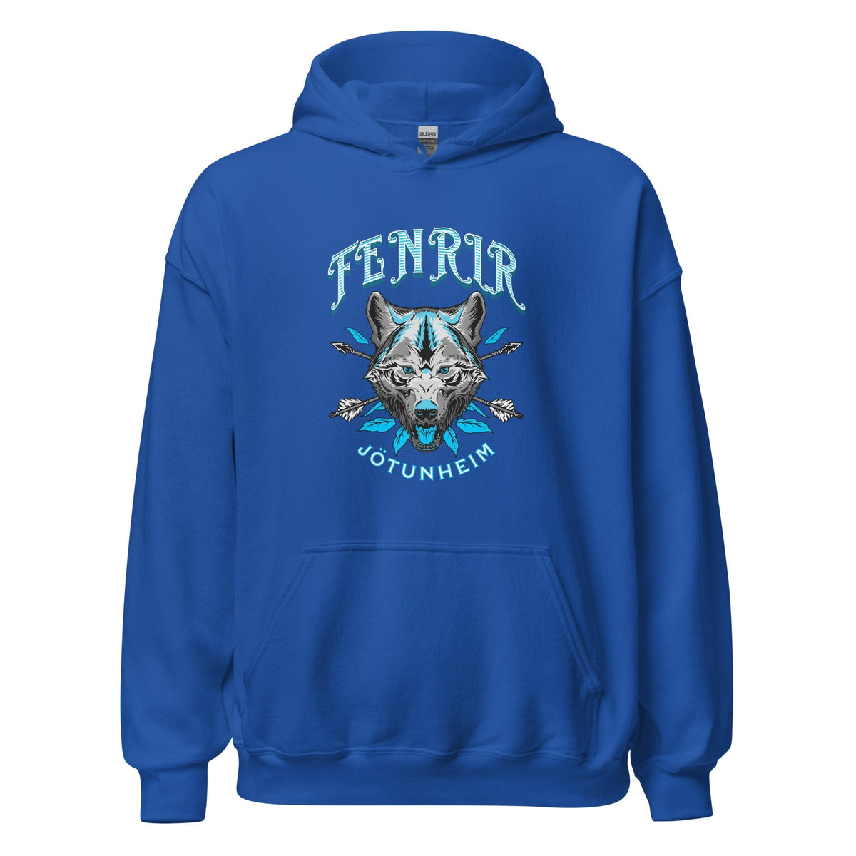 Unisex blue hoodie with front pocket and large wolf graphic on chest
