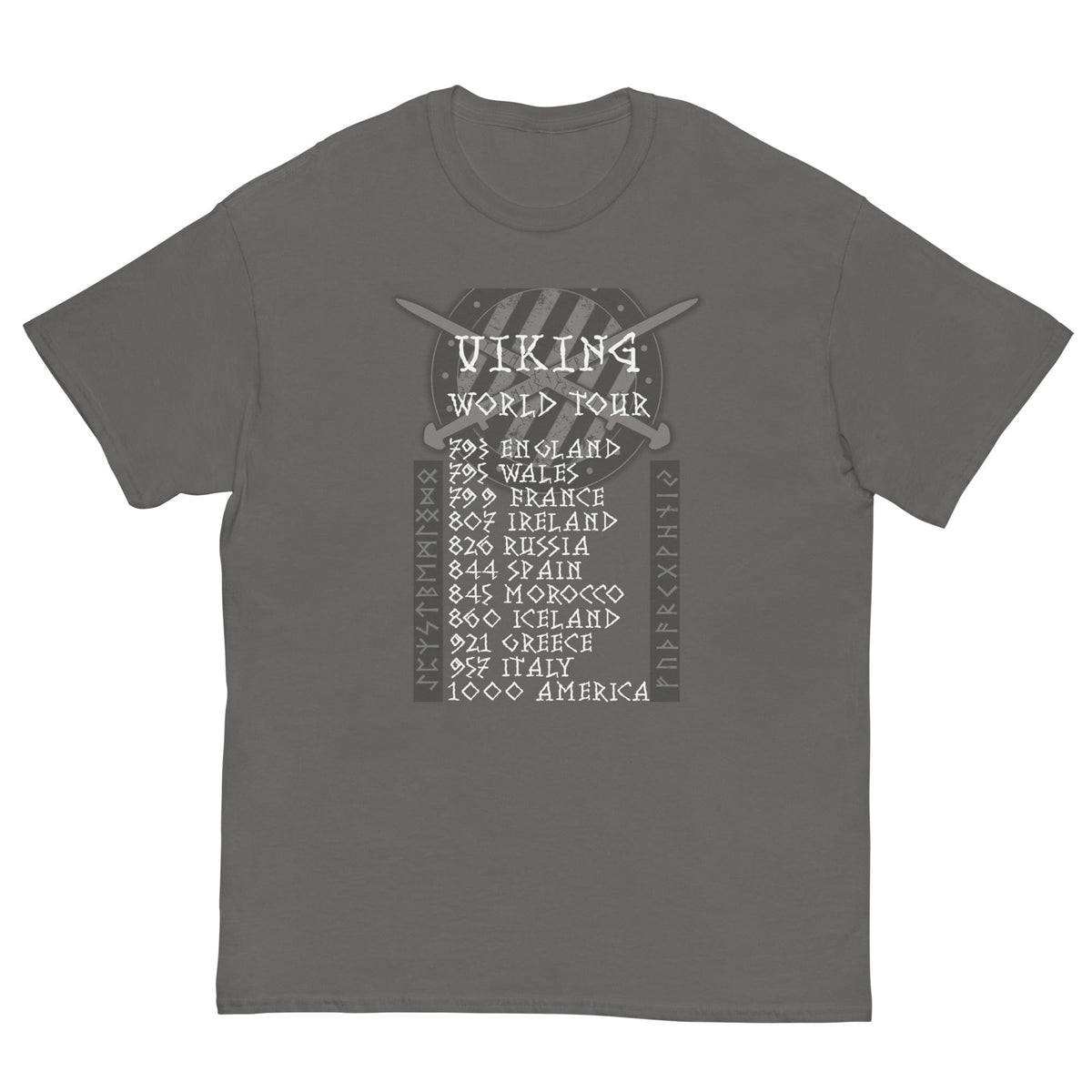 Charcoal gray T-shirt with Viking World Tour front graphic