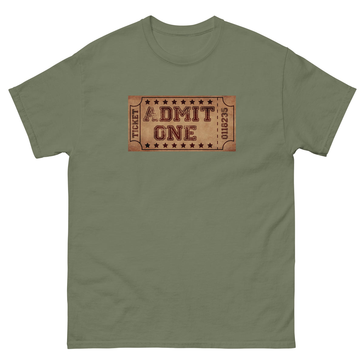Military green T-shirt with centered ticket-style 'DMIT ONE' graphic