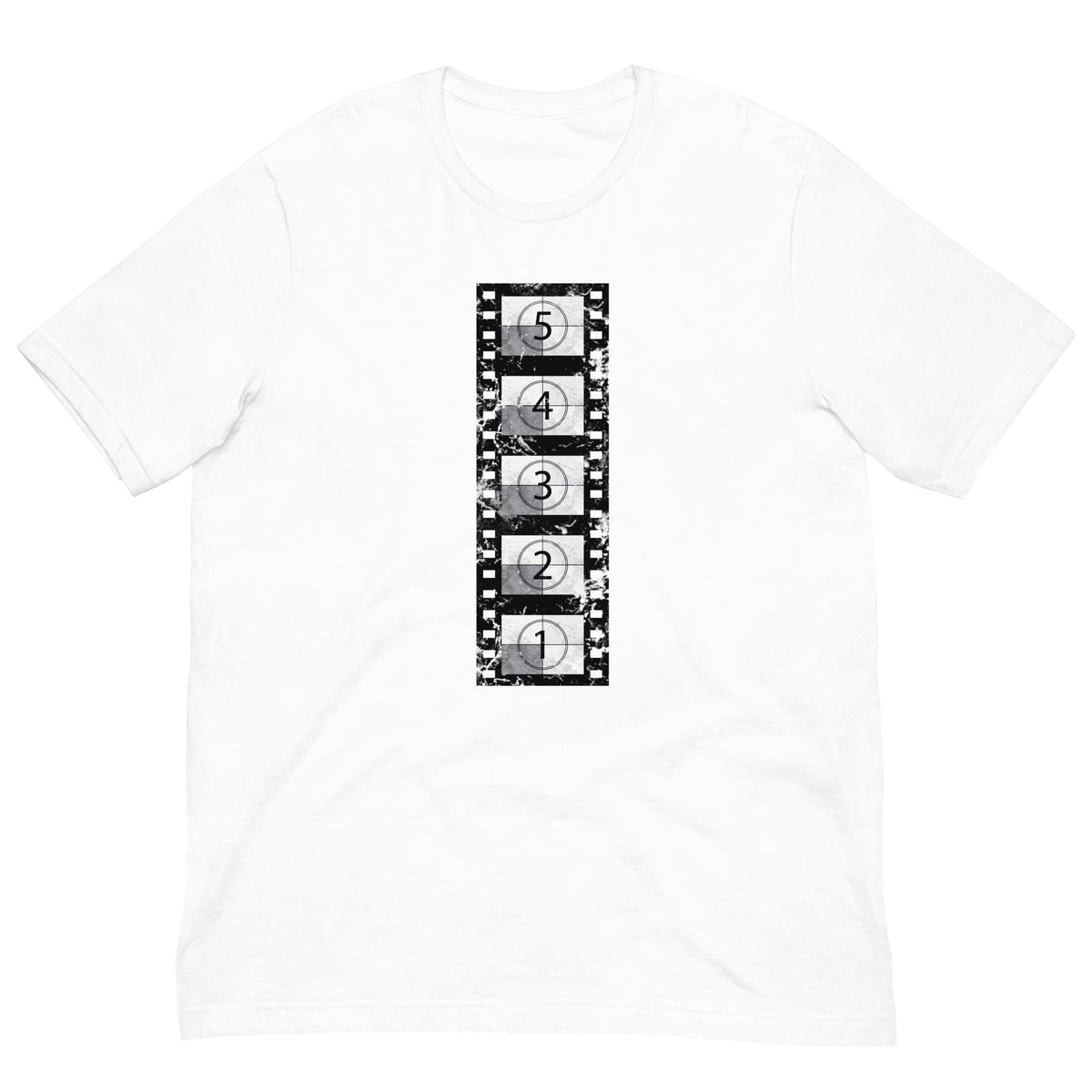 White T-shirt with vintage film reel graphic on front, crew neck short sleeves