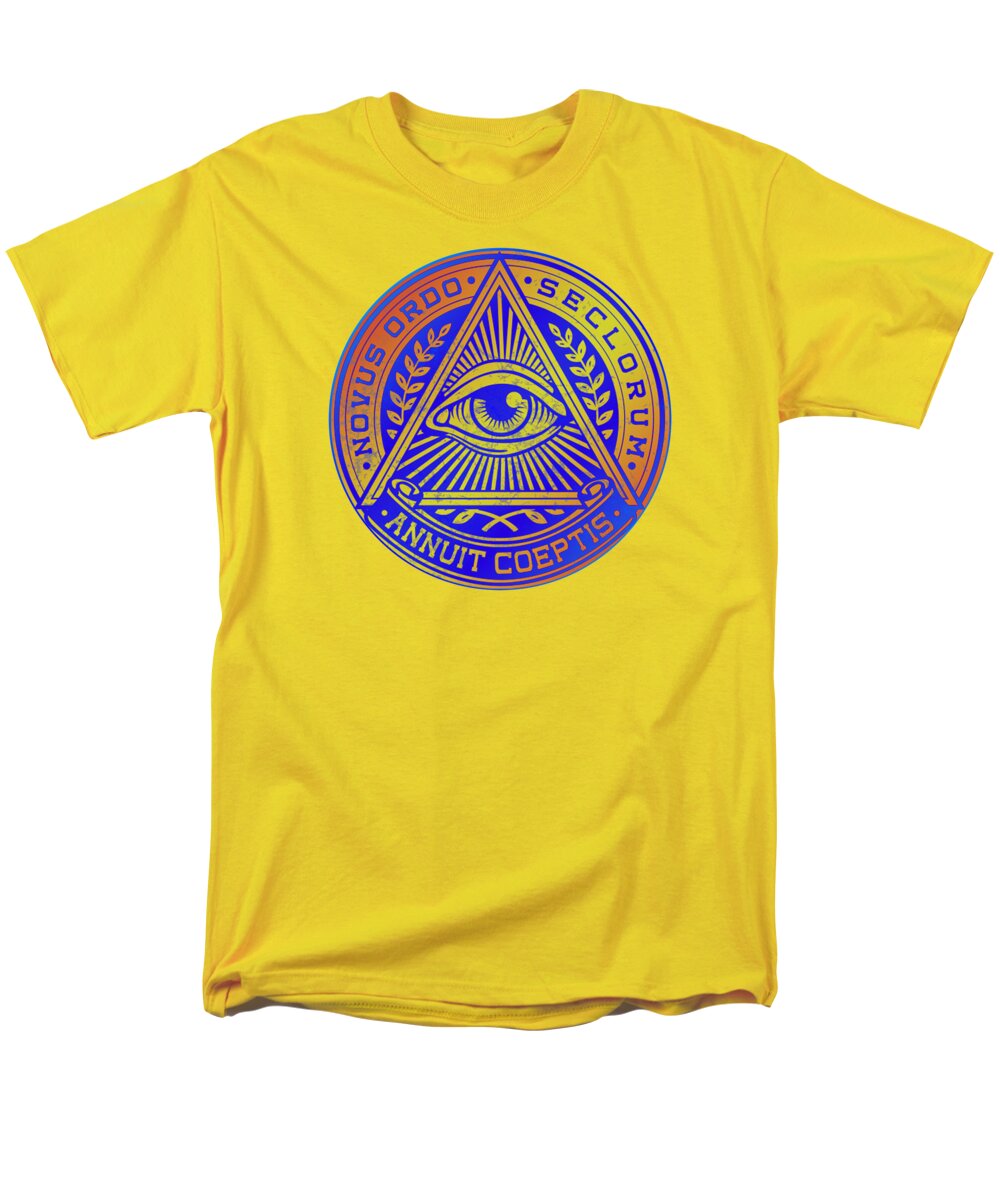 Men's yellow graphic t-shirt with circular eye emblem print at center