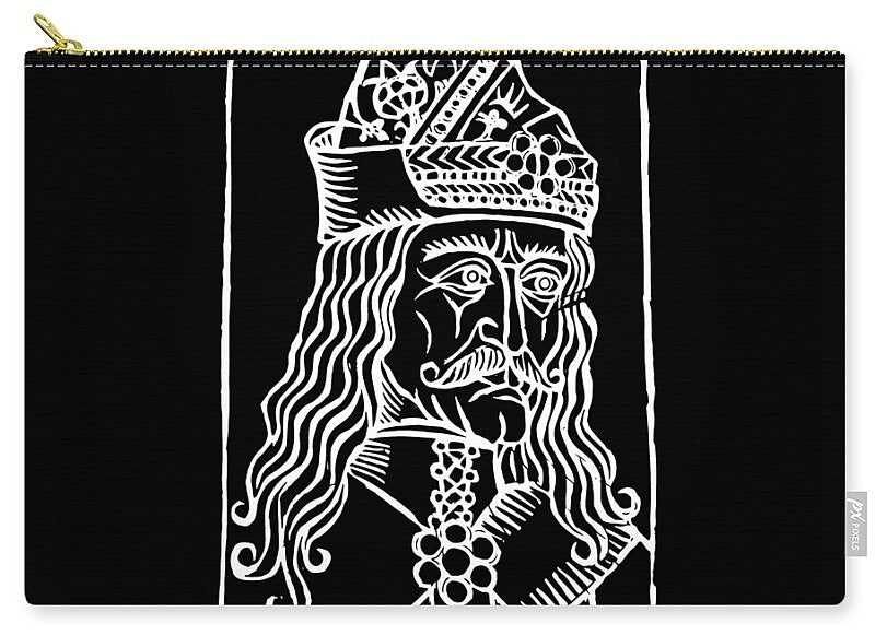 Black zip pouch with white woodcut portrait graphic and gold zipper pull detail