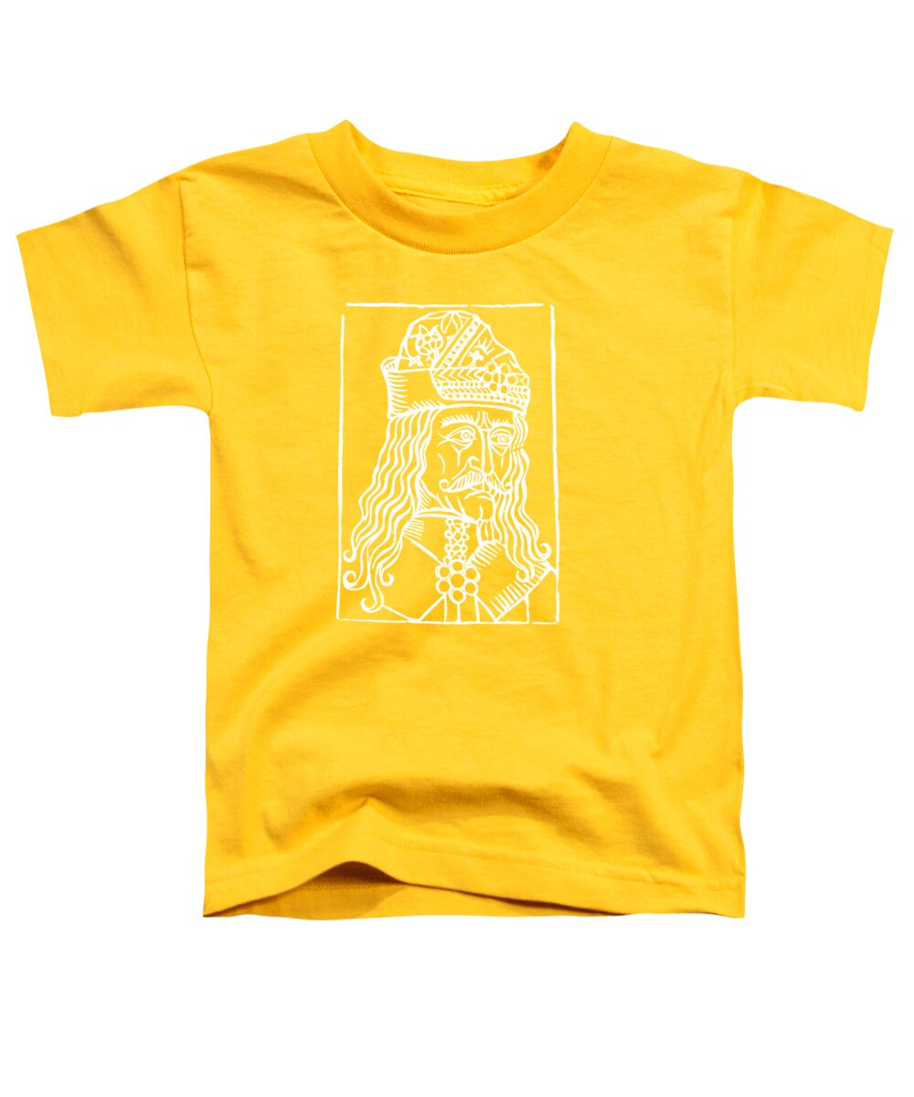 Toddler T-shirt in yellow with white woodcut-style Dracula portrait in square