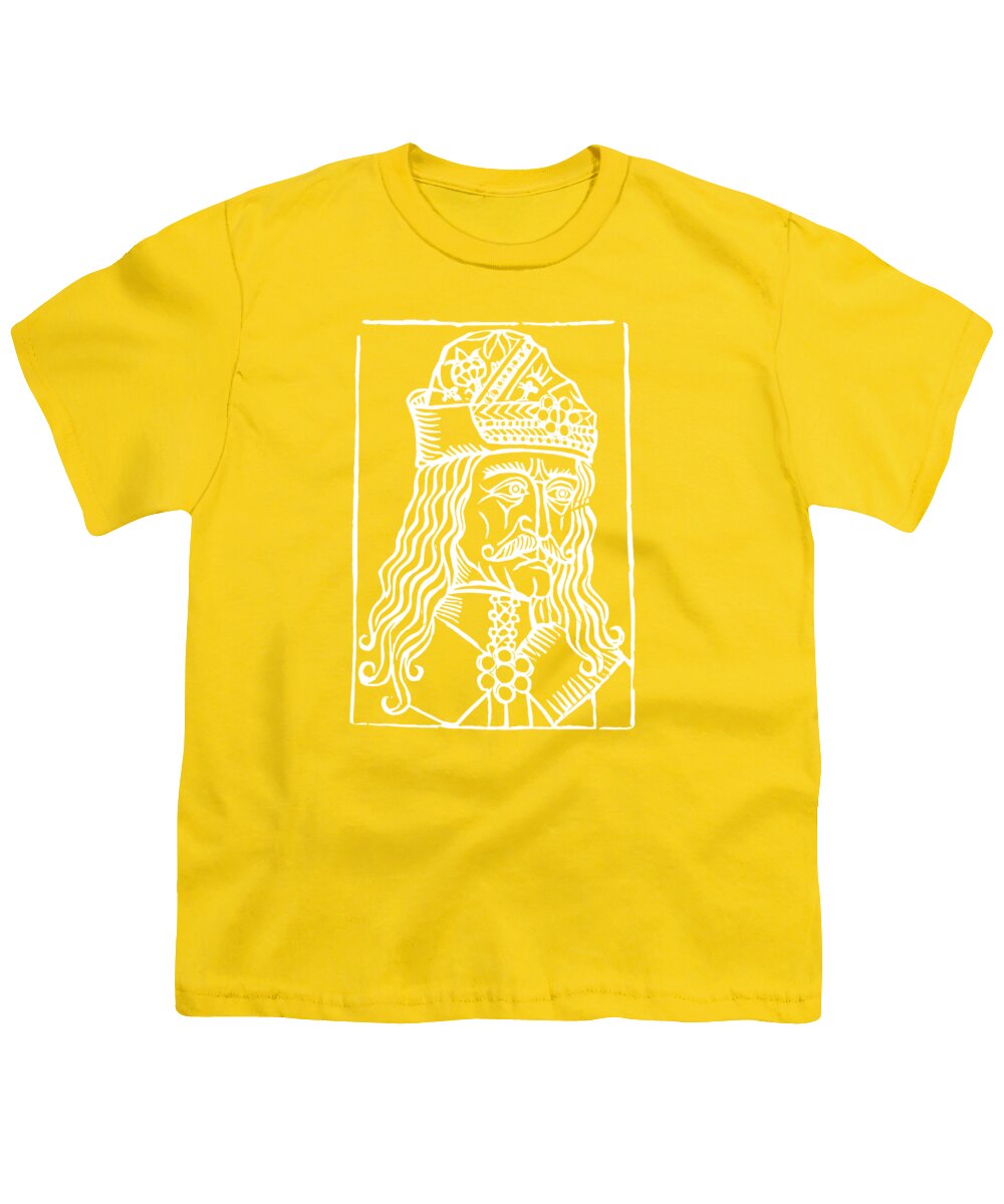 Youth T-shirt, yellow, crew neck, white woodcut-style Dracula portrait print in square