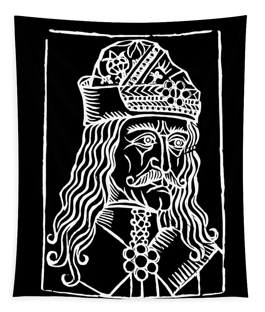 Square black tapestry featuring a white woodcut-style crowned Dracula portrait