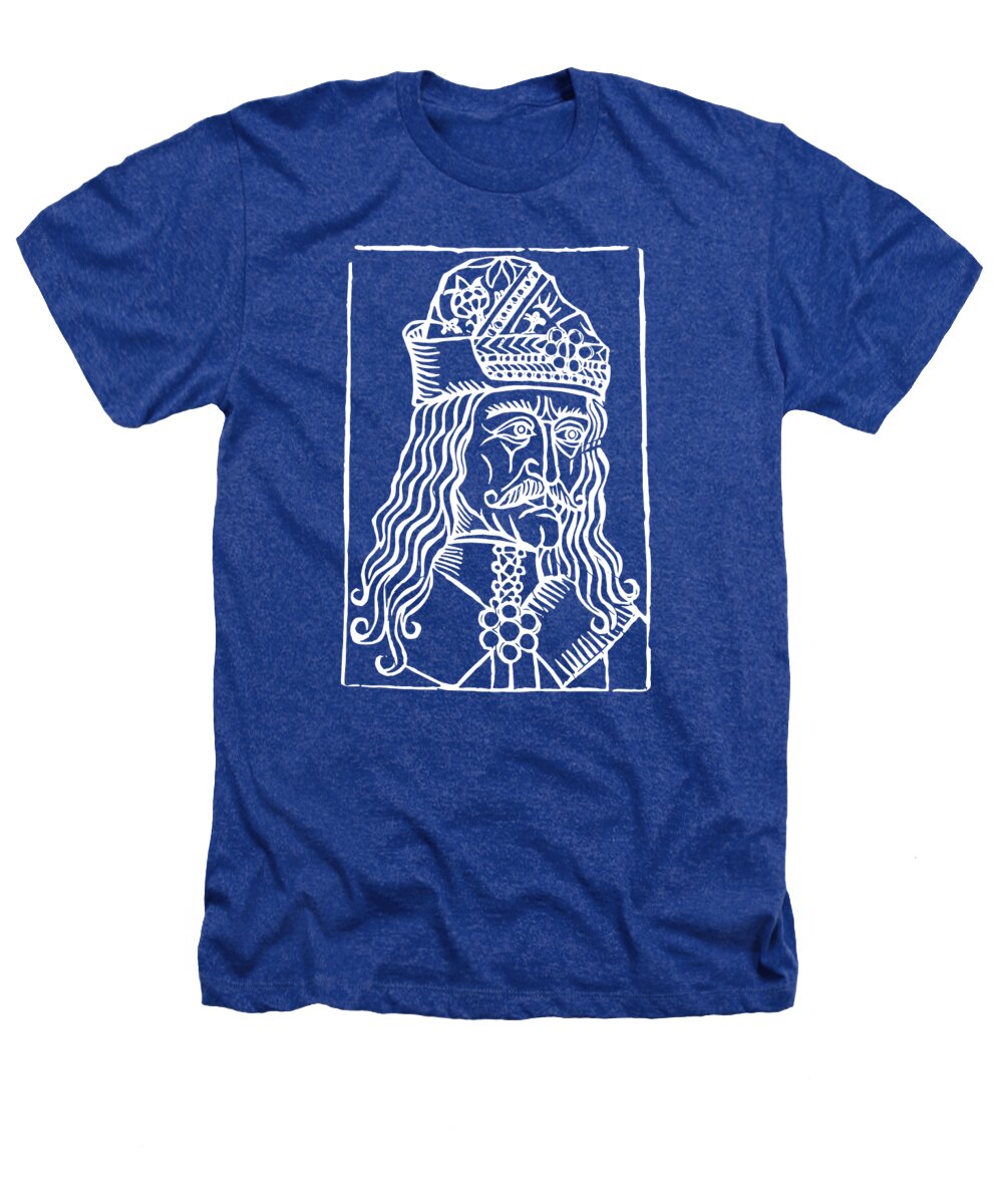 Royal blue heather T-shirt with white Dracula woodcut portrait graphic