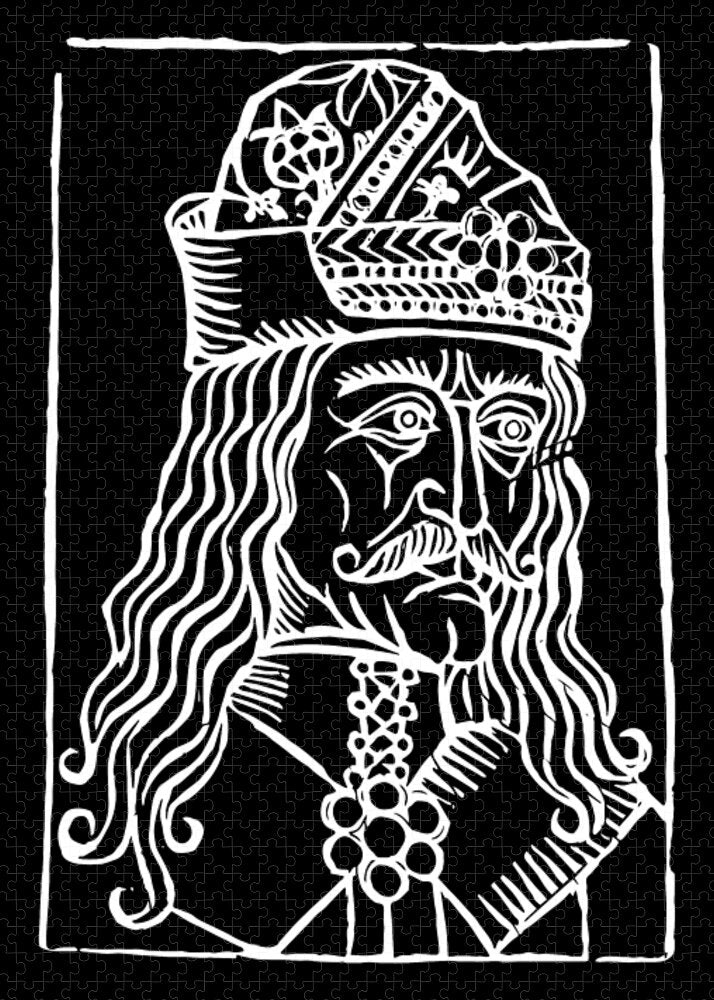 Jigsaw puzzle print of a woodcut crowned Dracula with spiral hair and geometric motifs