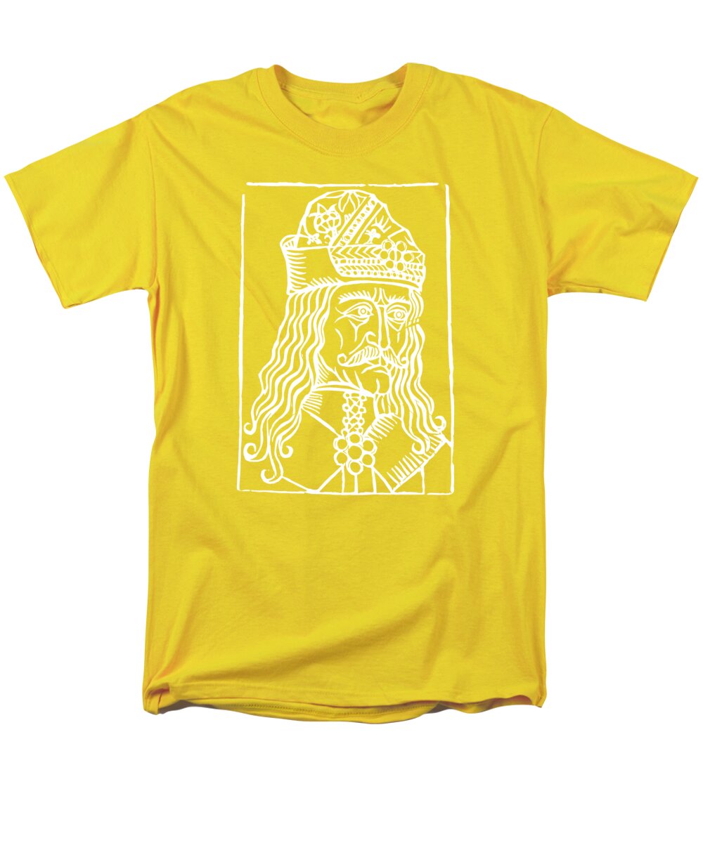 Men's graphic T-shirt in yellow with white woodcut-style Dracula portrait print