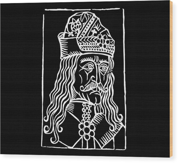 Dracula woodcut print with white crowned portrait and long wavy hair on dark background
