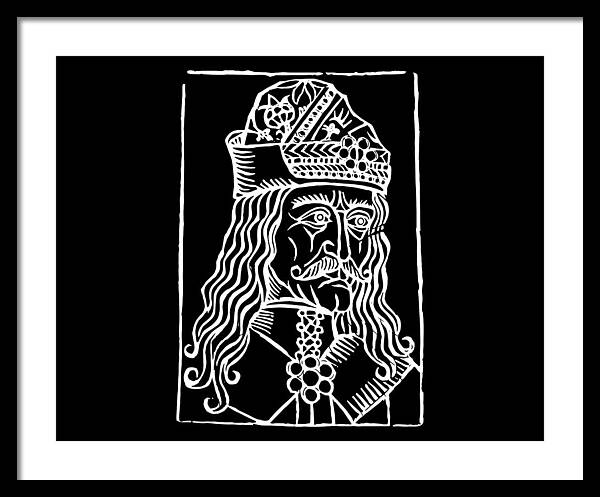 Framed woodcut print with white border, crowned Dracula portrait in white line art on black.