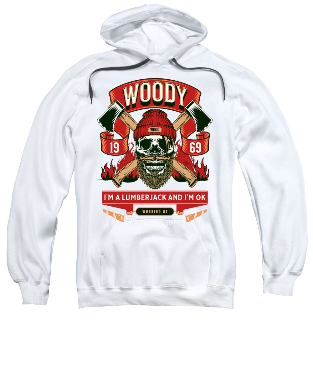 White hooded sweatshirt with front lumberjack graphic and kangaroo pocket