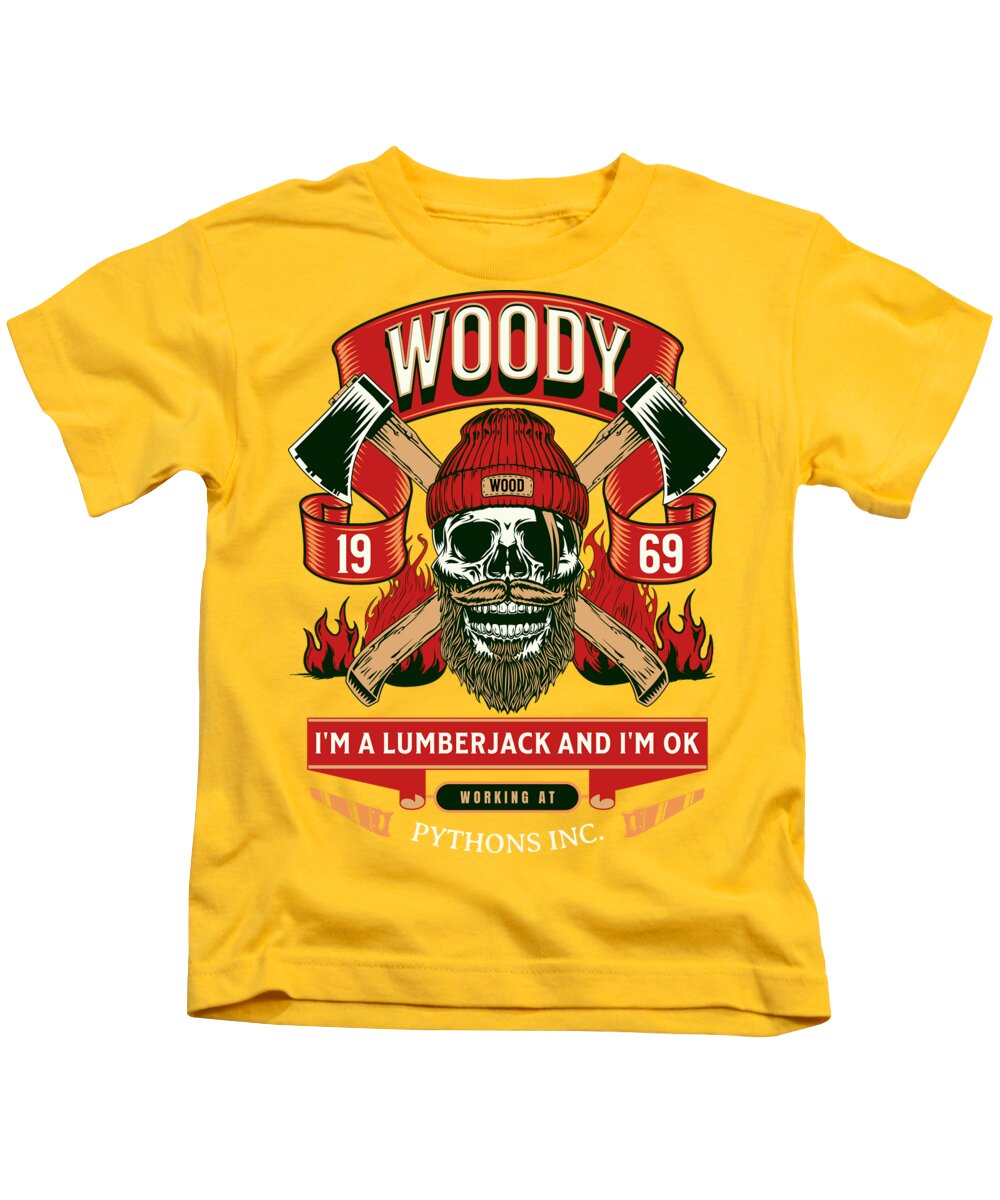 Kids T-shirt, yellow with Woody lumberjack skull graphic front