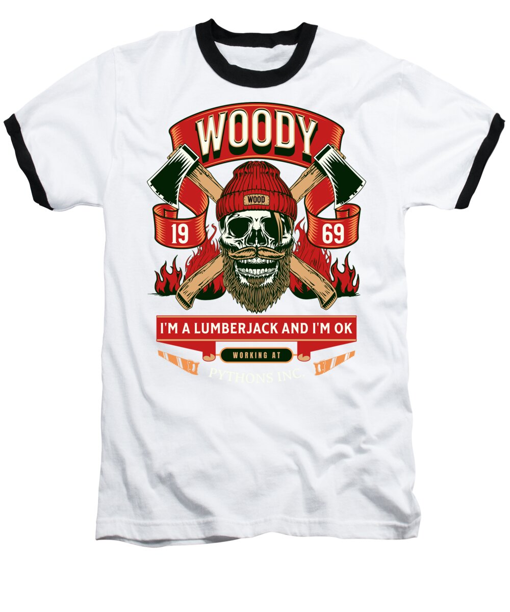 Baseball T-shirt in white with black sleeves, front lumberjack graphic
