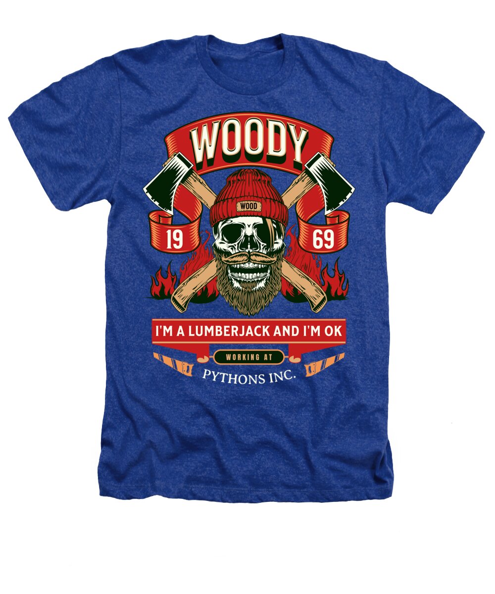 Heathers T-shirt, heather royal blue, front lumberjack skull graphic and slogan