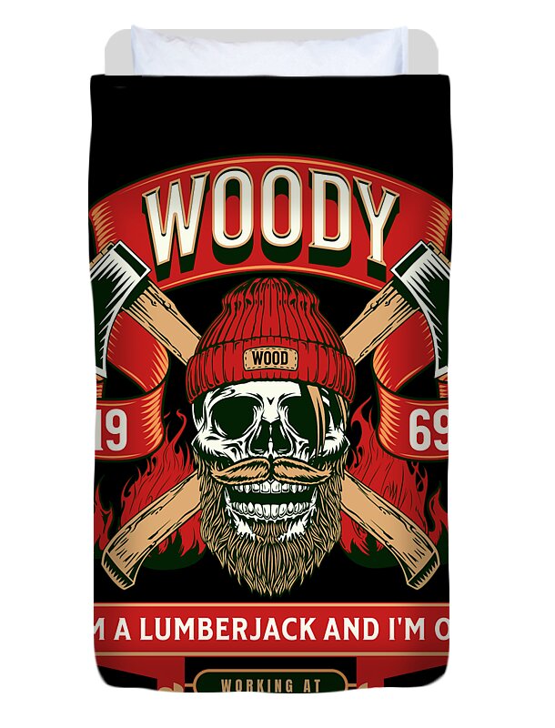 Duvet cover close-up of lumberjack skull graphic with crossed axes and red lettering on black