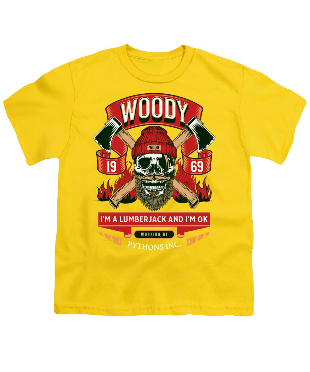 Yellow youth t-shirt with front lumberjack graphic and 'Woody' text