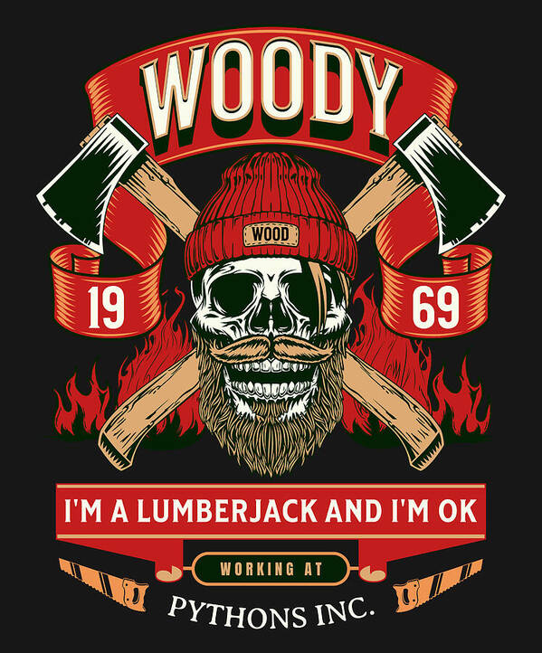 Woody the Lumberjack art print with skull wearing beanie, crossed axes, flames, and bold text.
