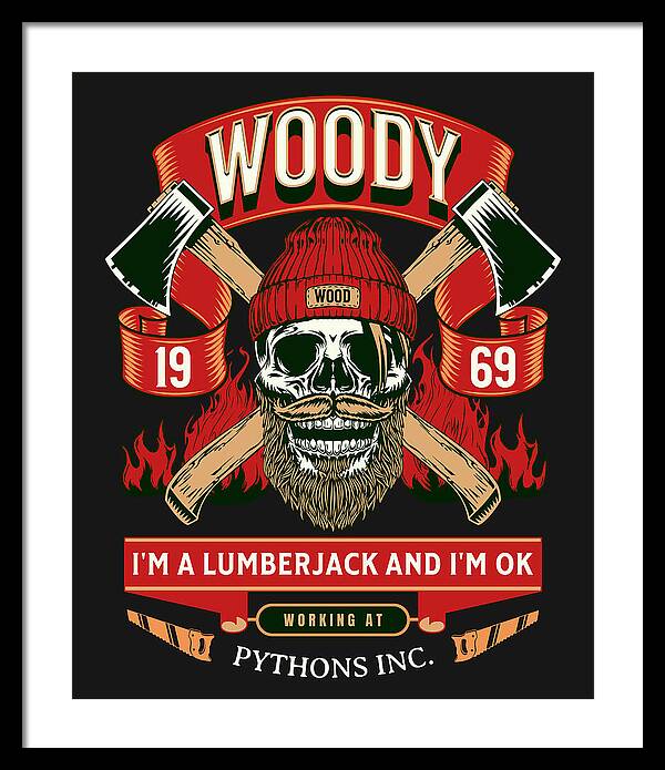 Framed print with Woody lumberjack skull, red and green banners, and quote “I’m OK”