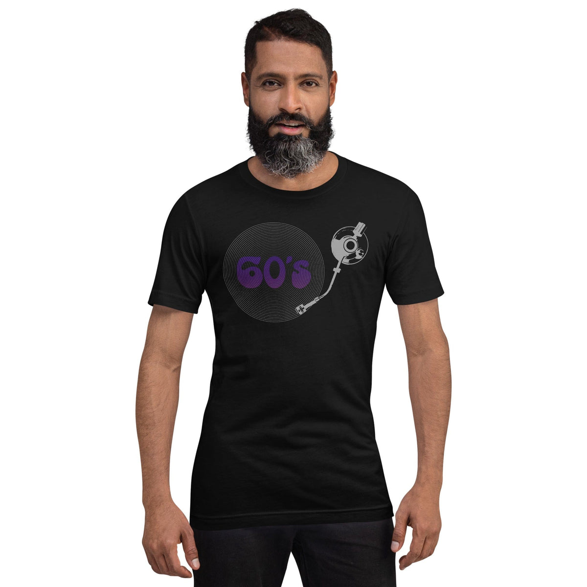 Black T-shirt with “60’s” record player graphic centered on the chest