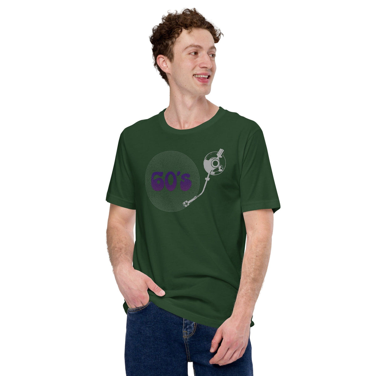 Green T-shirt with “60’s” record player graphic on the chest