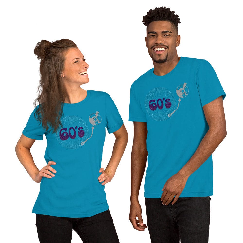 Blue T-shirt with “60’s” record player graphic on the chest