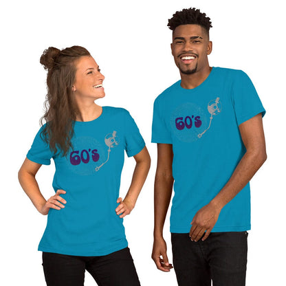 Blue T-shirt with “60’s” record player graphic on the chest