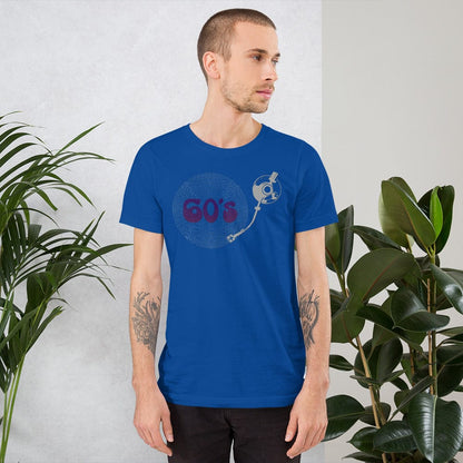 Royal blue T-shirt with “60’s” record player graphic on the chest