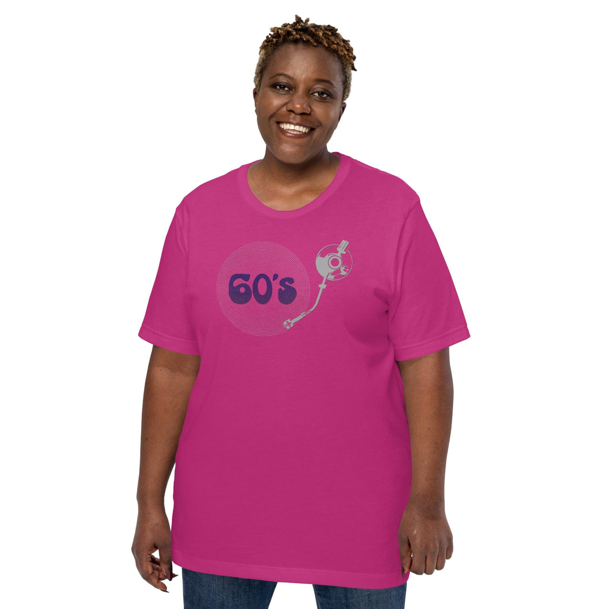 Pink T-shirt with “60’s” record player graphic on the chest