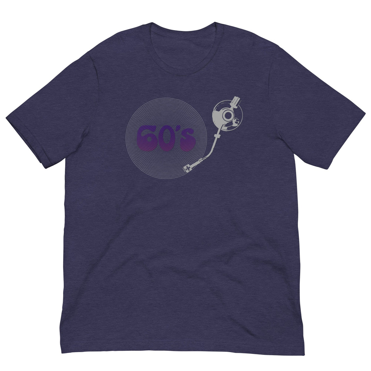 Heather midnight navy T-shirt with “60’s” record player graphic on the chest