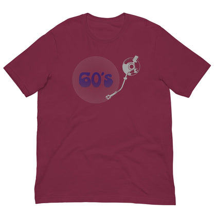 Maroon graphic T-shirt with 60's record player text and character art