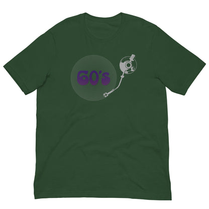 Forest green graphic T-shirt with 60's record player text and character art