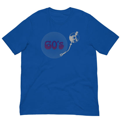 True royal blue graphic T-shirt with 60's record player text and character art