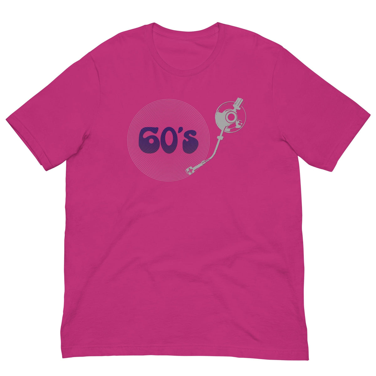Berry pink graphic T-shirt with 60's record player text and character art