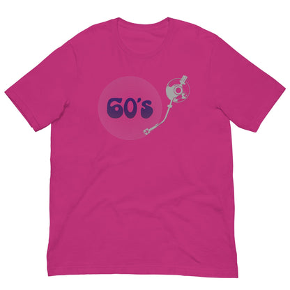 Berry pink graphic T-shirt with 60's record player text and character art
