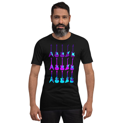 Black T-shirt with purple and blue guitar graphic, crew neck short sleeves