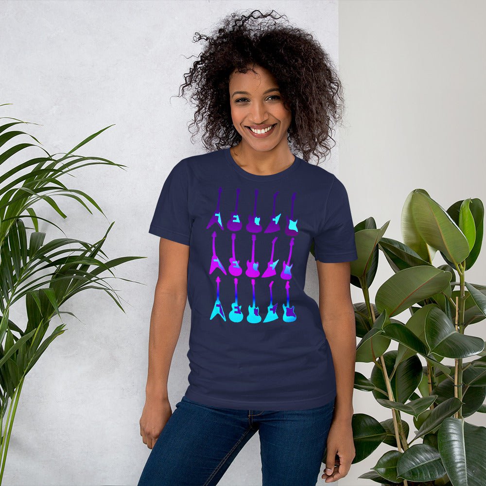 Navy T-shirt with purple and blue guitar graphic, crew neck short sleeves