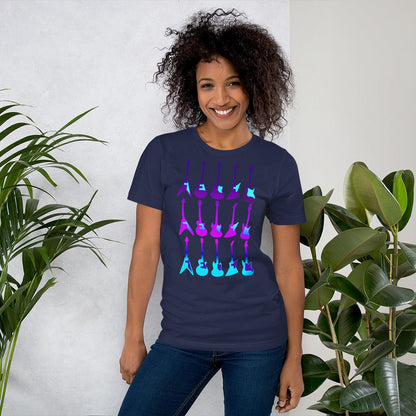 Navy T-shirt with purple and blue guitar graphic, crew neck short sleeves