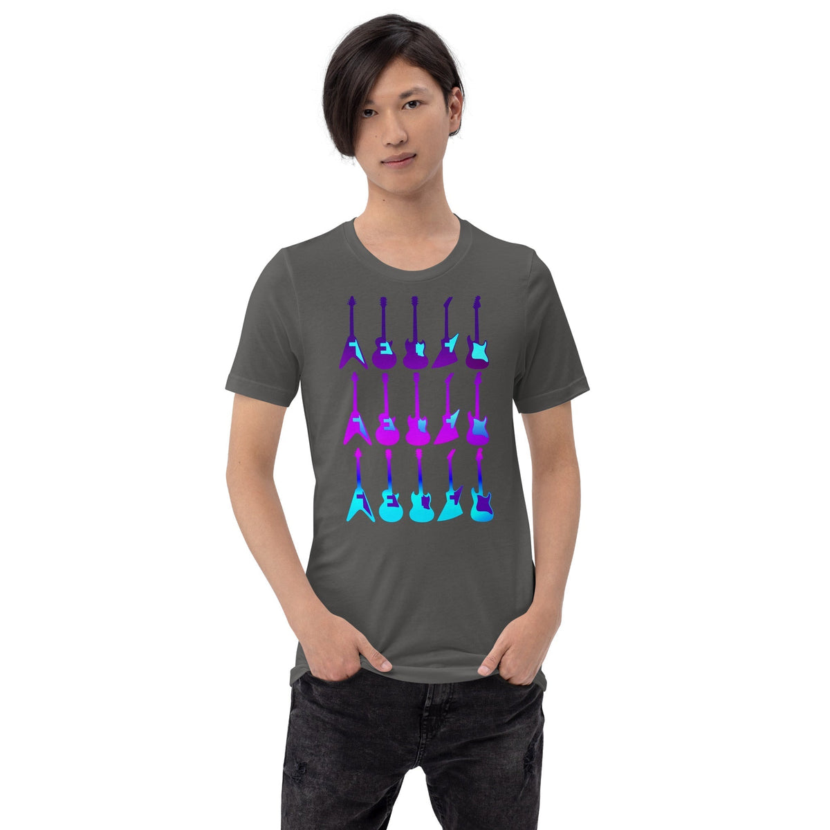 Gray T-shirt with purple and blue guitar graphic, crew neck short sleeves